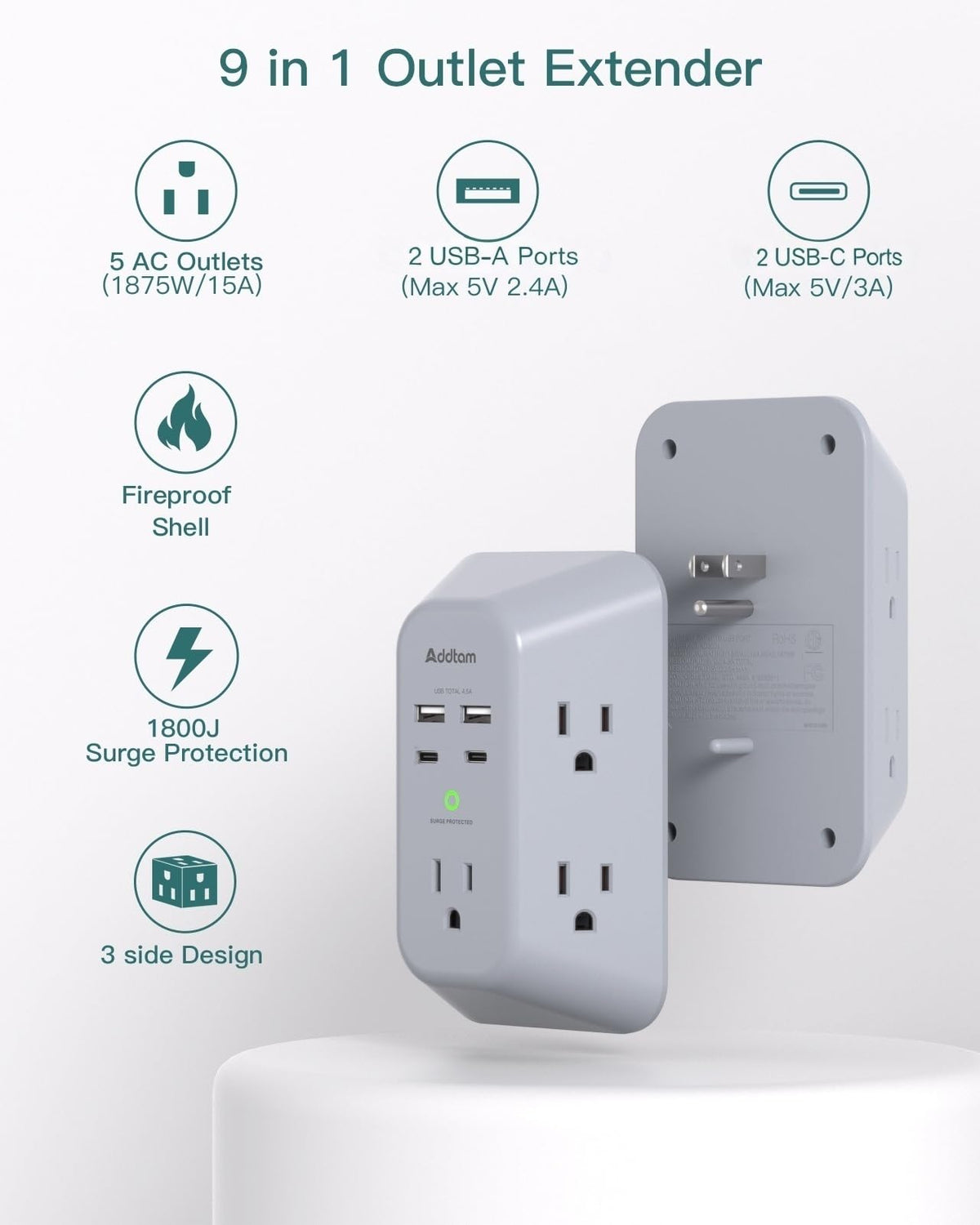 Addtam multi-plug wall outlet with five wide-spaced outlets for decluttering