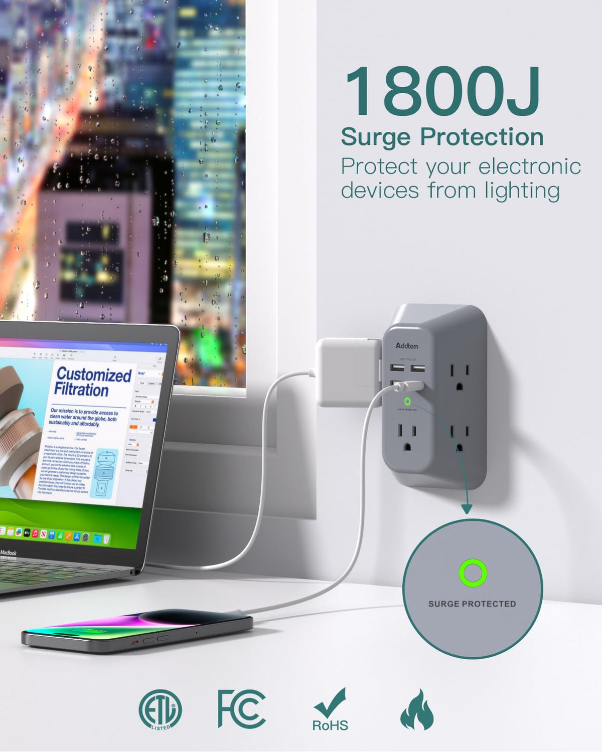 Addtam three-sided design provides easy access to sockets in tight spaces