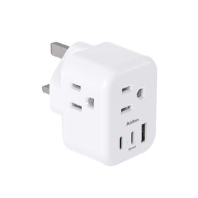 Addtam US-to-UK travel plug front view showing 6-in-1 charging for multiple devices.