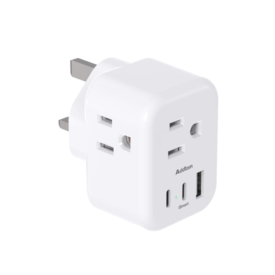Addtam US-to-UK travel plug front view showing 6-in-1 charging for multiple devices.