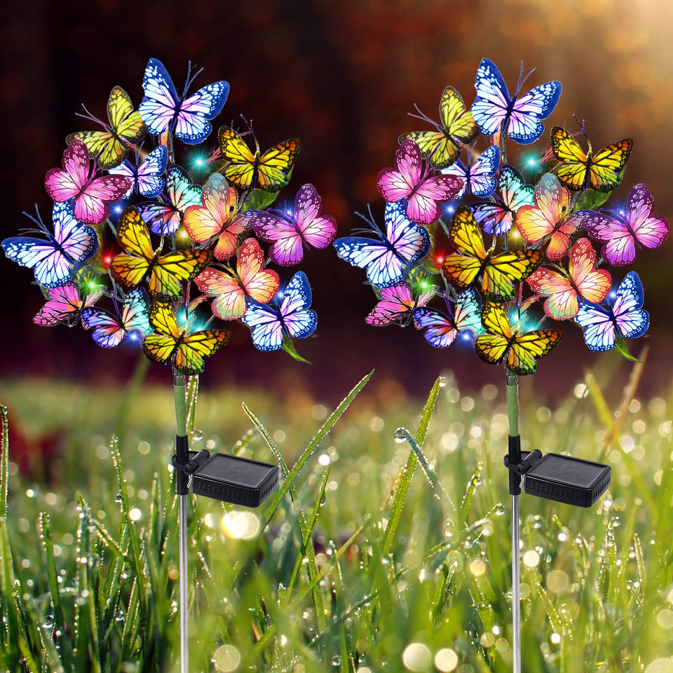 Adecorty solar butterfly garden lights 2-pack illuminate paths with colorful butterflies.