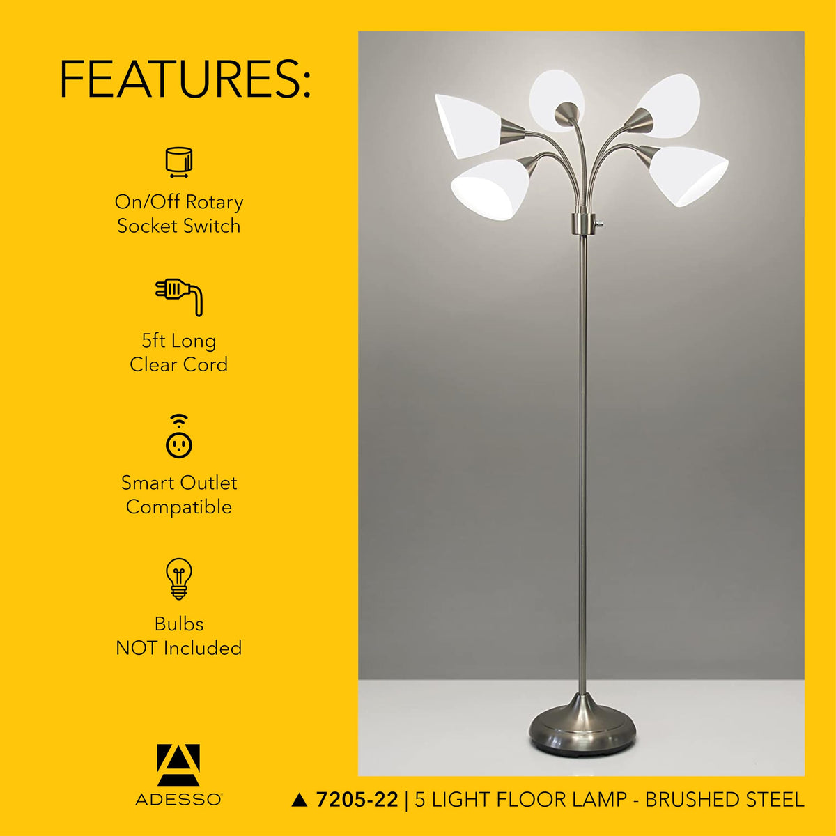 Adesso floor lamp arch design with a 60 inch cord for versatile placement