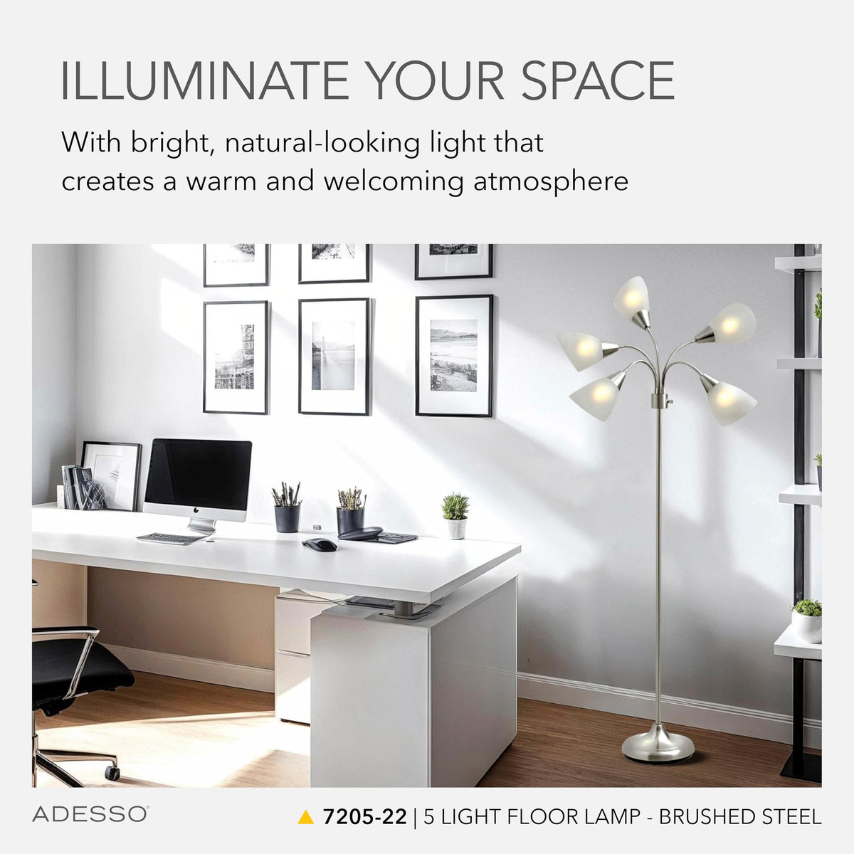 Adesso floor lamp brushed steel finish complements modern decor