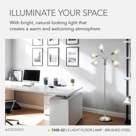 Adesso floor lamp brushed steel finish complements modern decor