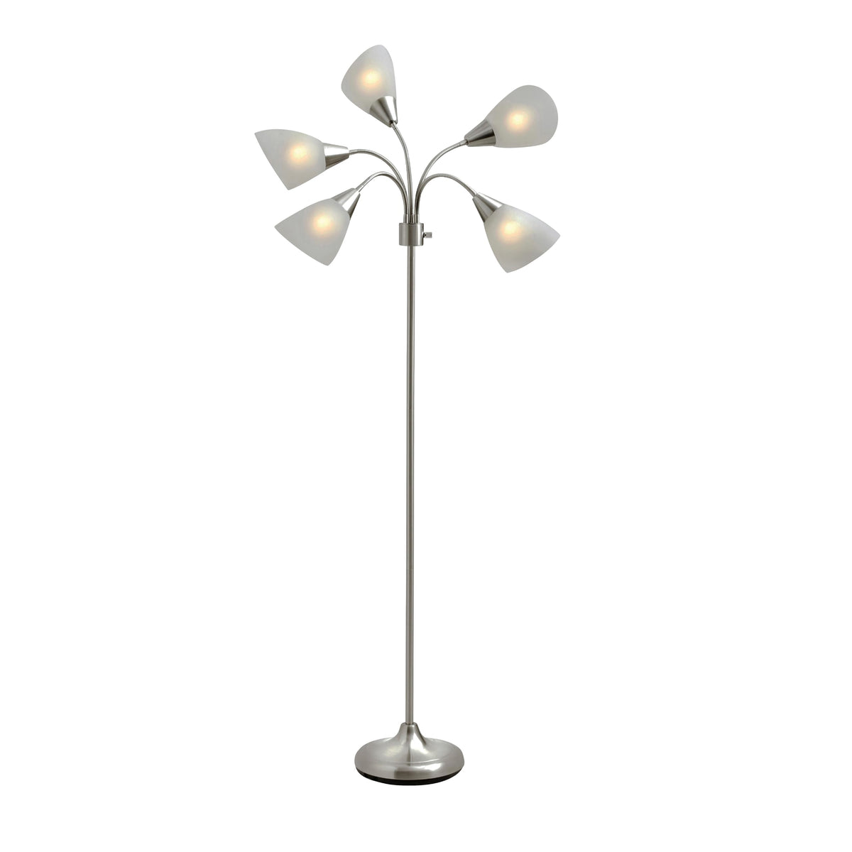 Adesso floor lamp with five movable shades in an arc for flexible task lighting