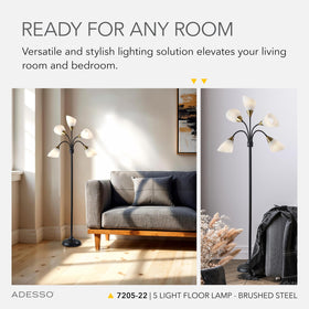 Adesso floor lamp white frosted shades diffuse a soft ambient glow
