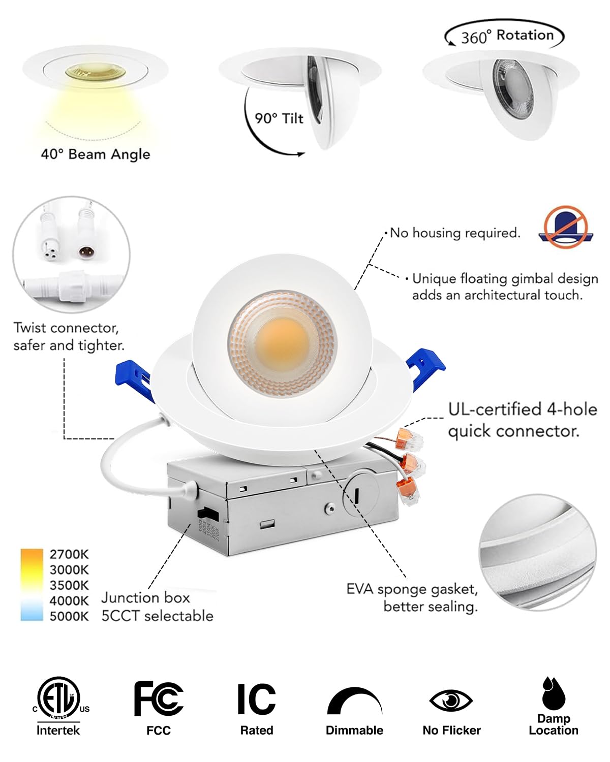 Adetu easy install in ceiling with spring clips and J-box wiring