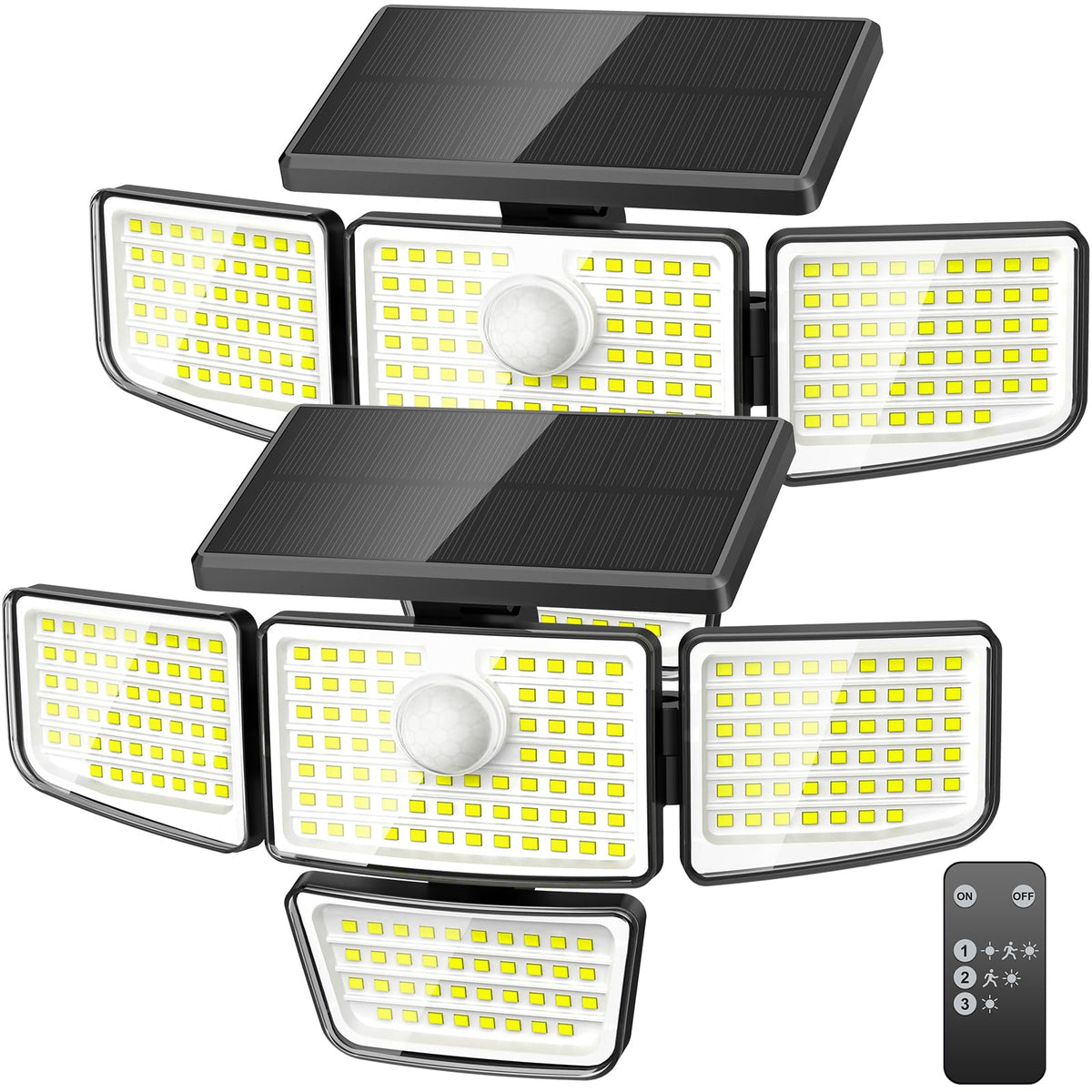 Adewalk 3000LM solar lights with 4 heads illuminate broad outdoor areas for security.