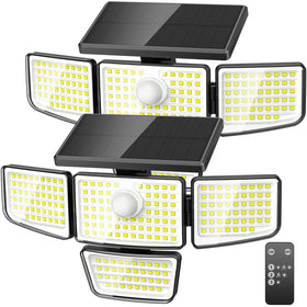 Adewalk 3000LM solar lights with 4 heads illuminate broad outdoor areas for security.
