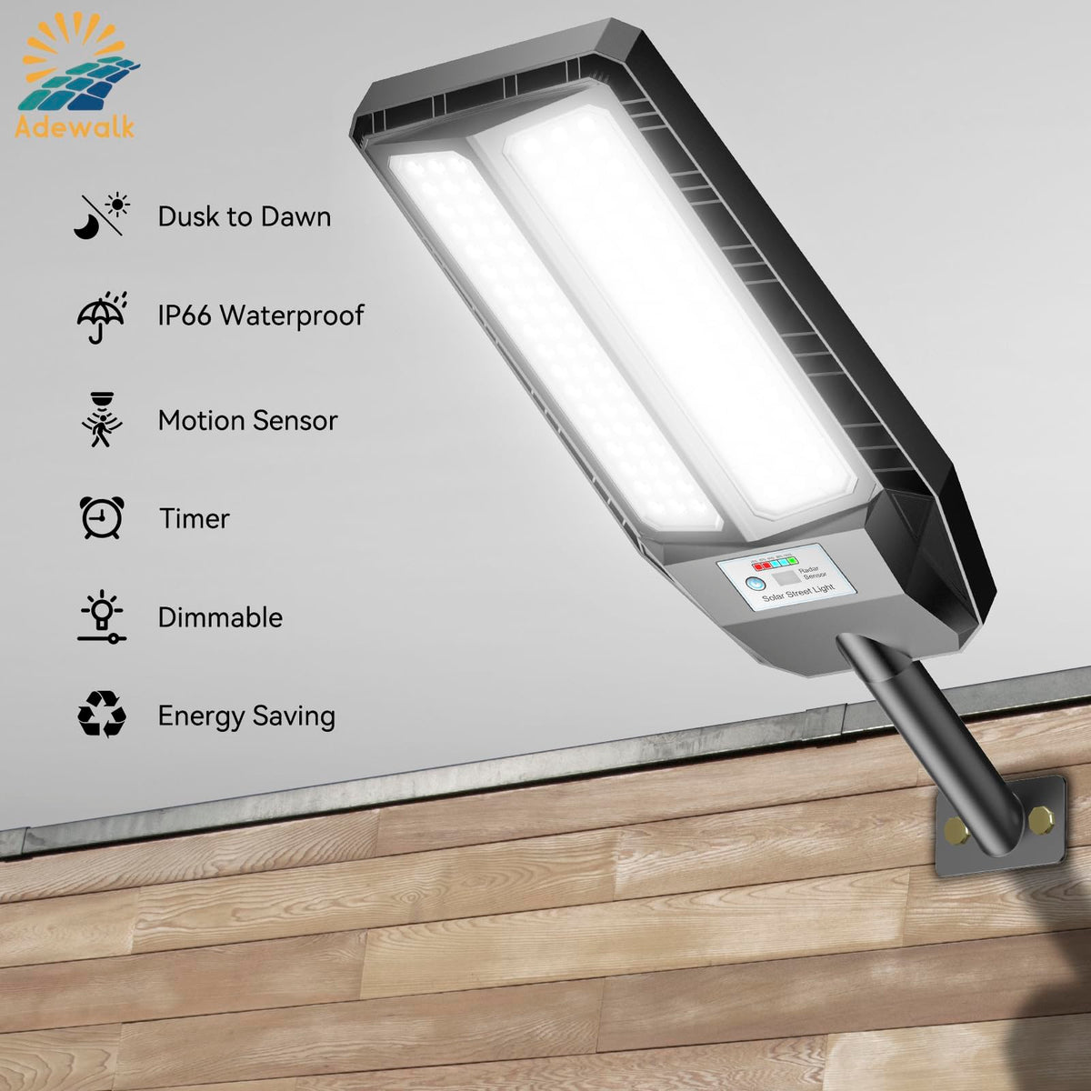 Adewalk 5000W solar lights for patio setup with reliable motion-activated brightness.