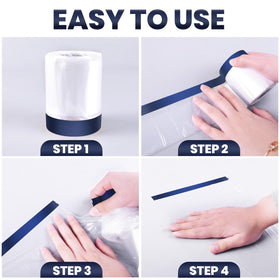 ADHES Painters Plastic with Tape application steps showing quick unrolling.
