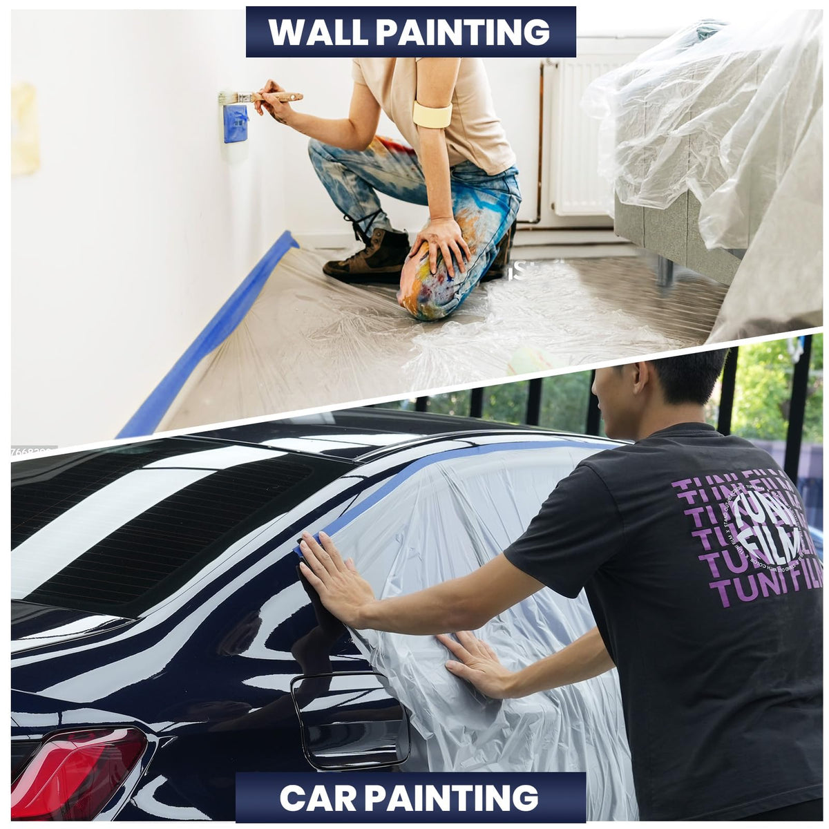 ADHES Painters Plastic with Tape film edges showing edge-to-edge coverage.