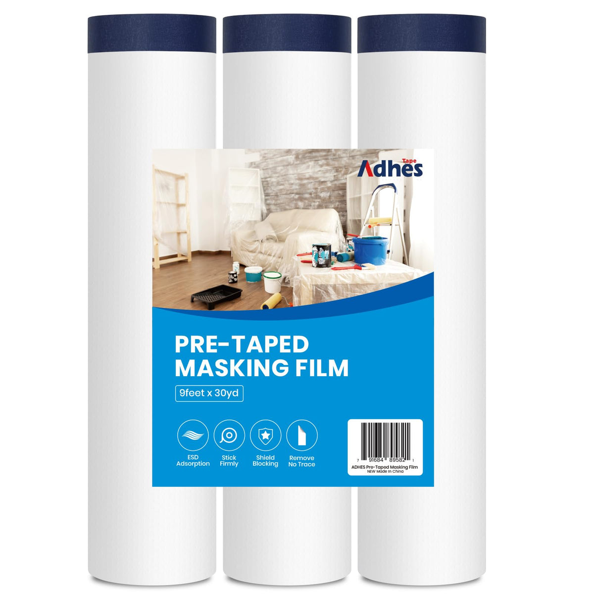 ADHES Painters Plastic with Tape rolls setup for quick masking and protection.