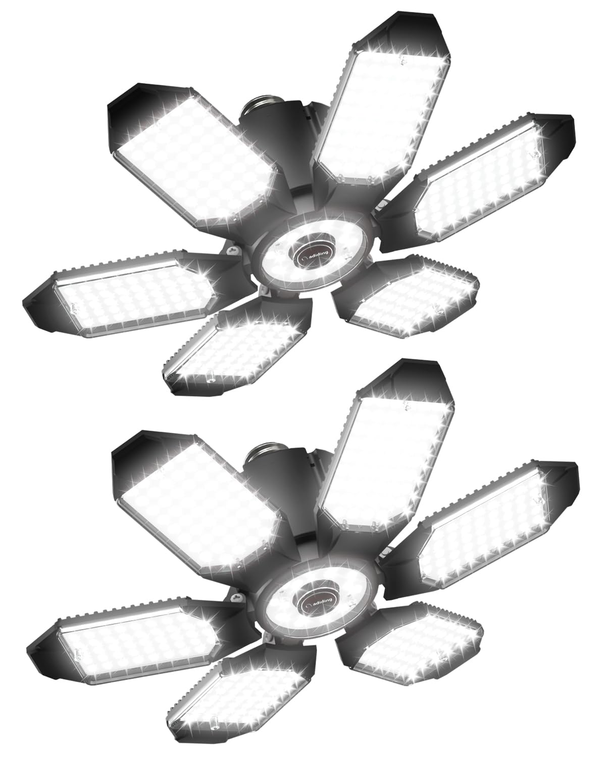 Adiding LED garage light with six deformable panels for customizable coverage.
