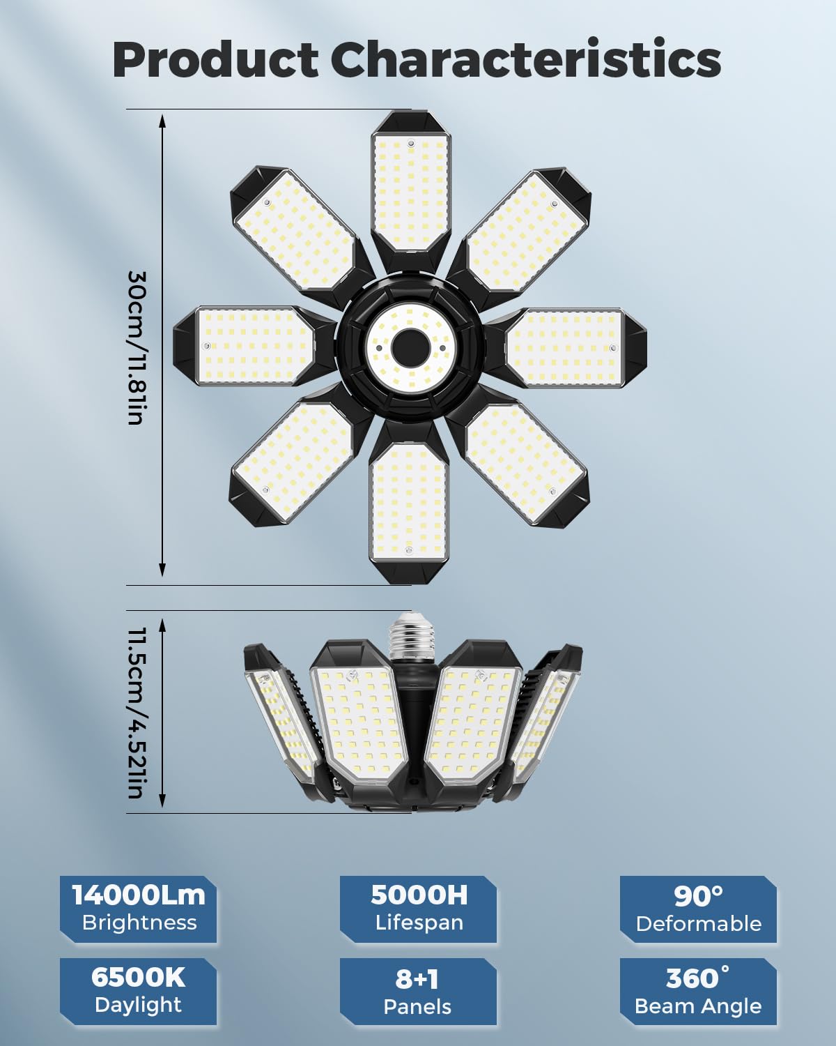 Adiding LED garage light with eight foldable panels directs light toward workbench areas precisely.