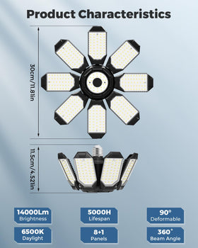 Adiding LED garage light with eight foldable panels directs light toward workbench areas precisely.