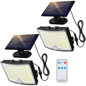 Adiding solar flood light with 202 LEDs providing wide bright coverage for outdoor spaces.