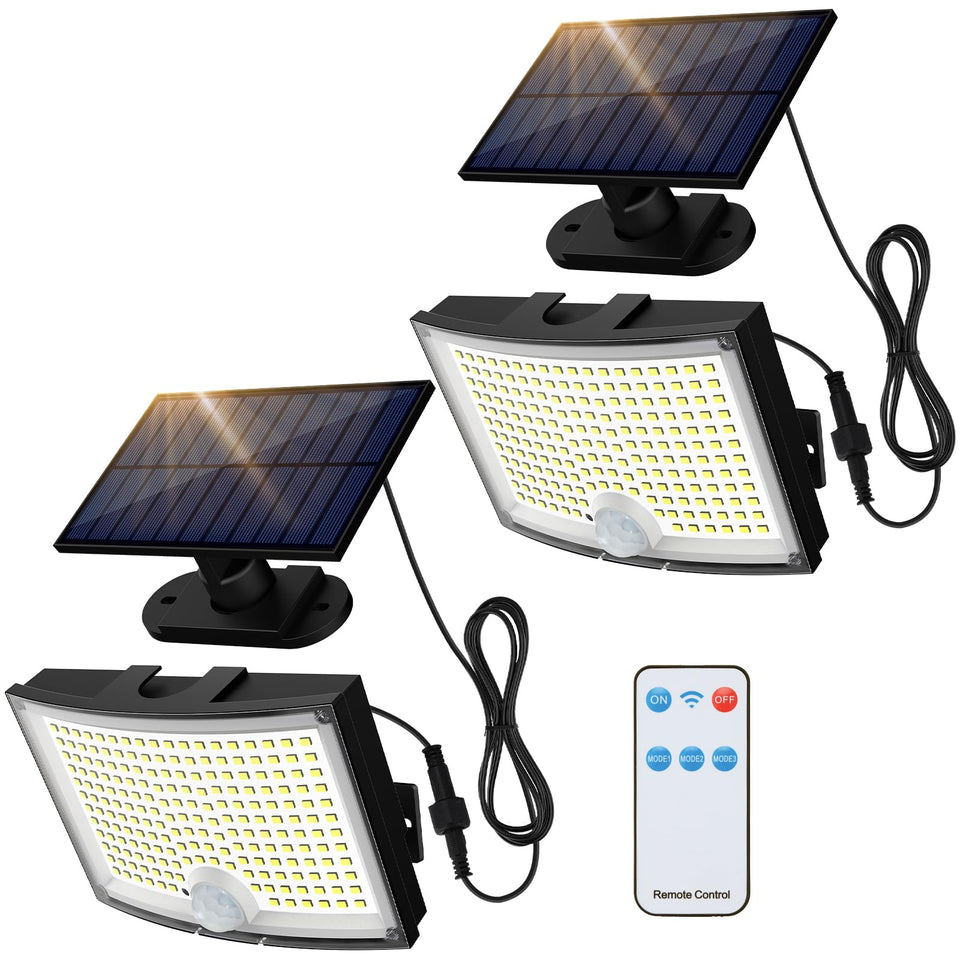 Adiding solar flood light with 202 LEDs providing wide bright coverage for outdoor spaces.