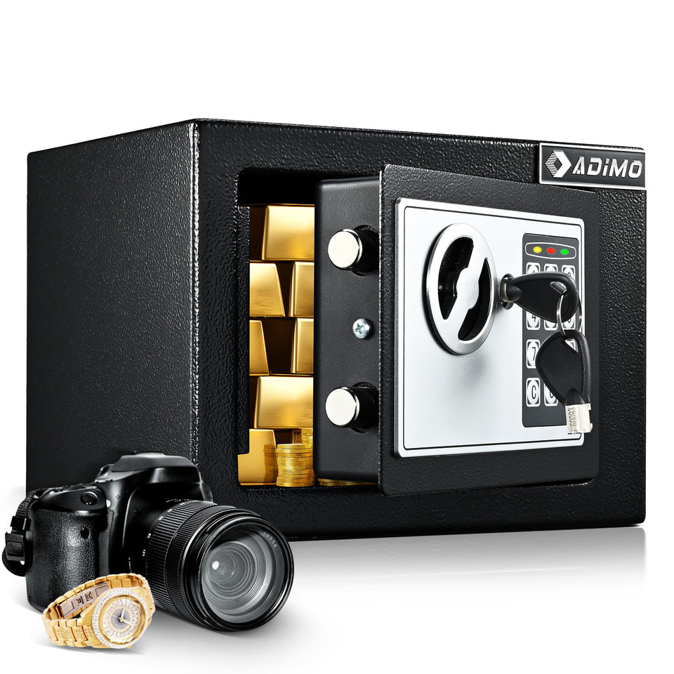ADIMO small safe box dorm front view, compact design for secure valuables.