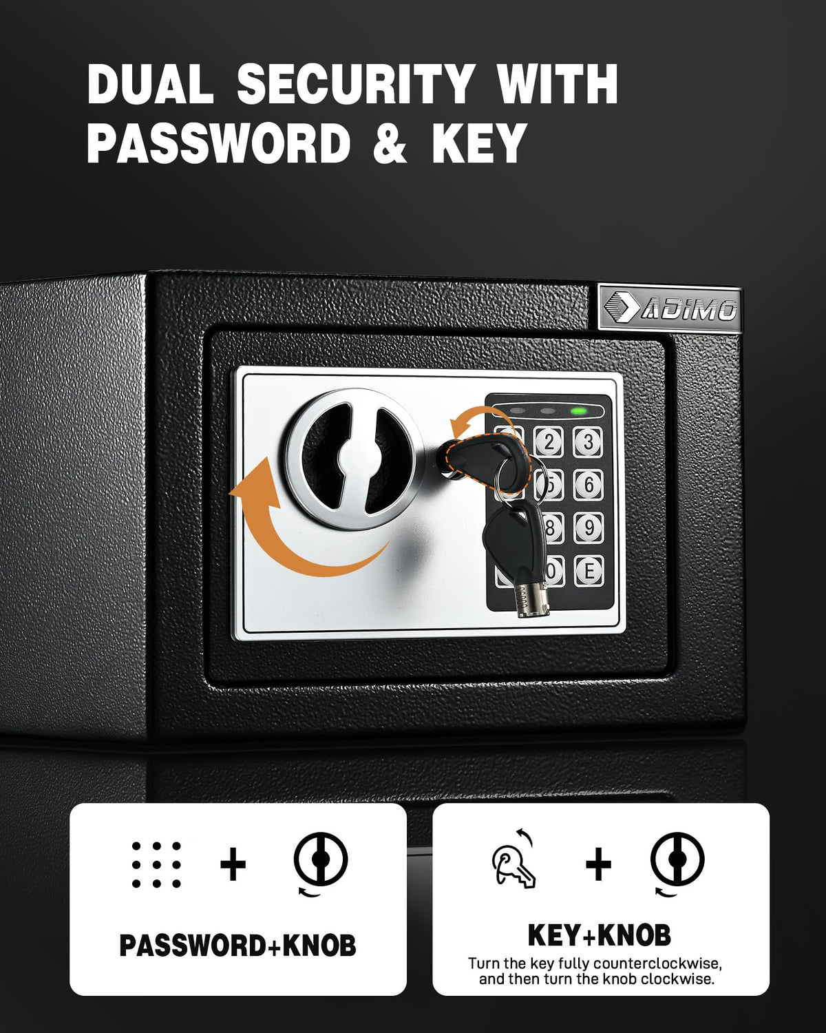ADIMO small safe box opened, dual unlock with keypad and keys demonstrated.