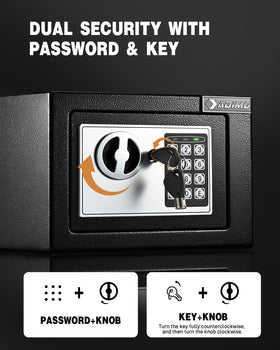 ADIMO small safe box opened, dual unlock with keypad and keys demonstrated.