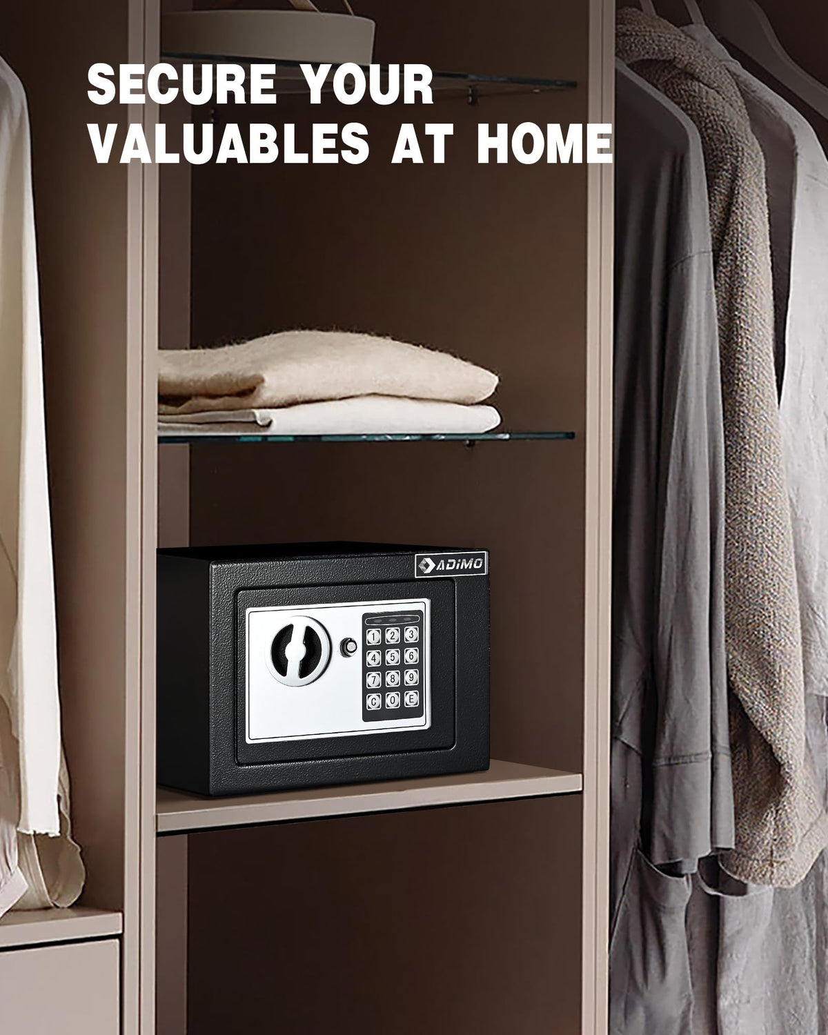 ADIMO safe interior dimensions illustrate ample space for jewelry and documents.