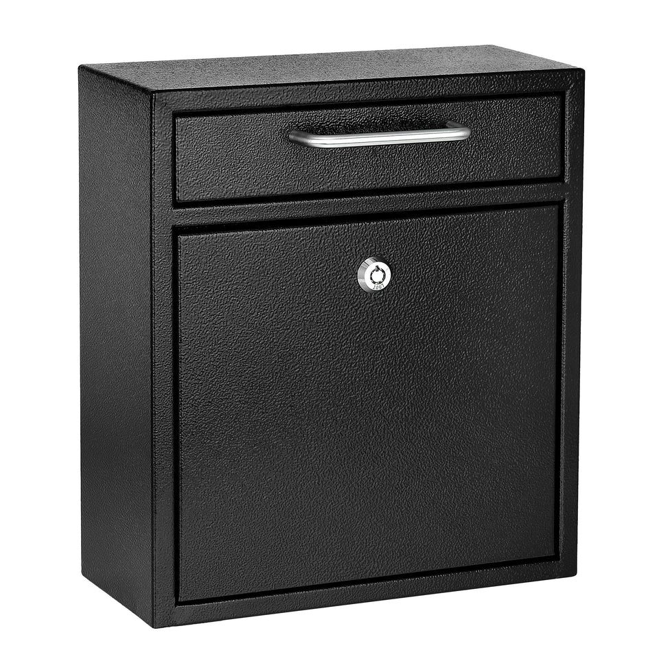 AdirOffice wall-mount mailbox front view highlights durable steel for outdoor use
