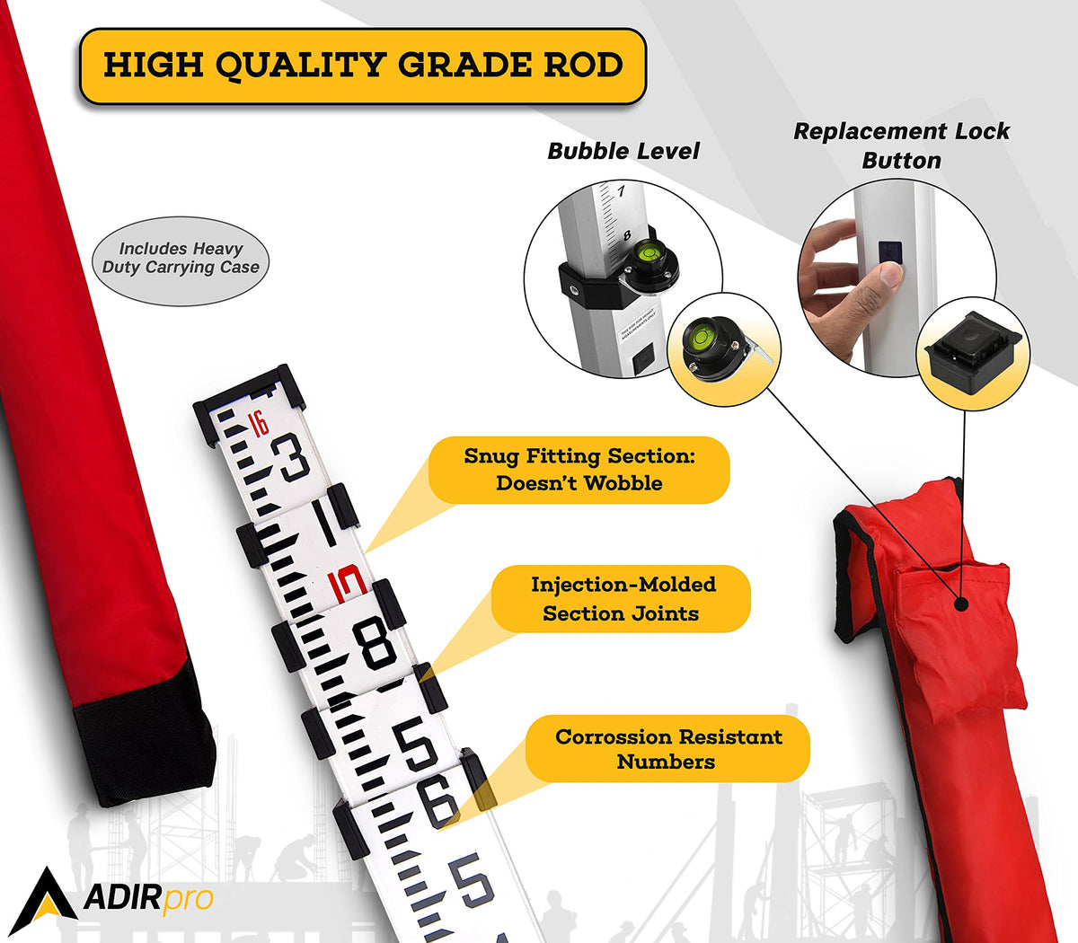 AdirPro rod back scale shows height reading scale for quick measurements