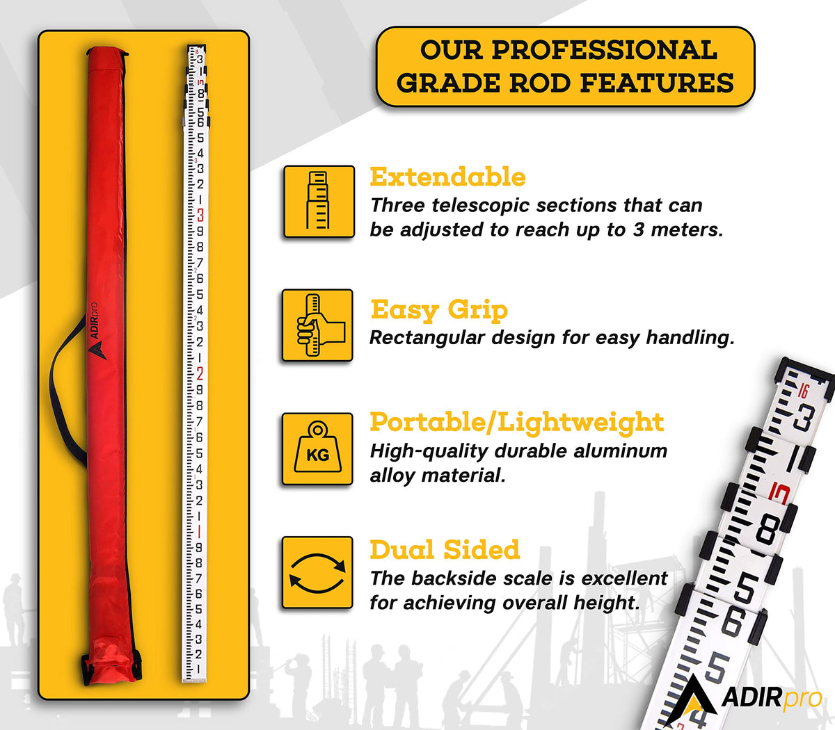 AdirPro 16-foot rod dual graduations highlight feet and tenths for exact checks