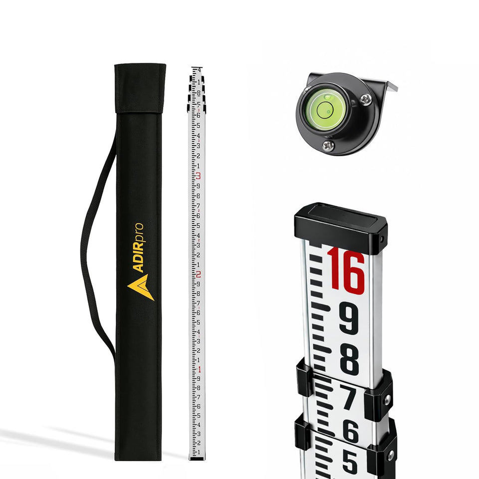 AdirPro 16-foot leveling rod front view with clear dual graduations for precise measurements