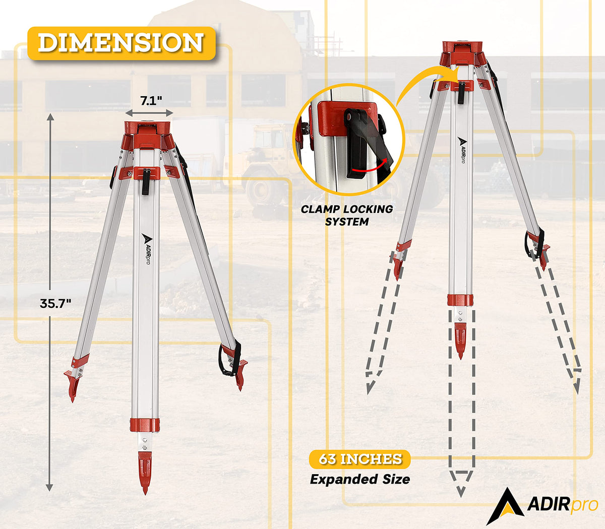 AdirPro Laser Level Tripod with locking clamps for quick adjustments.
