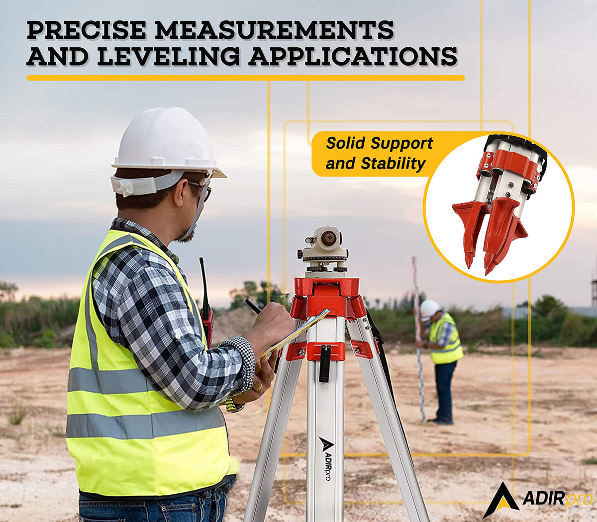 AdirPro Laser Level Tripod has metal feet for ground grip.