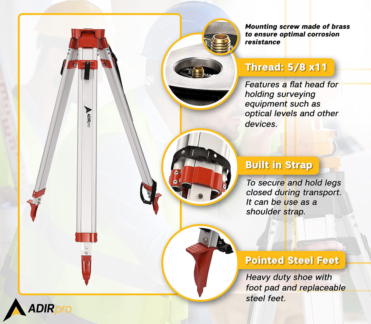 AdirPro Laser Level Tripod supports 5/8 x 11 threads.