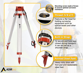 AdirPro Laser Level Tripod supports 5/8 x 11 threads.