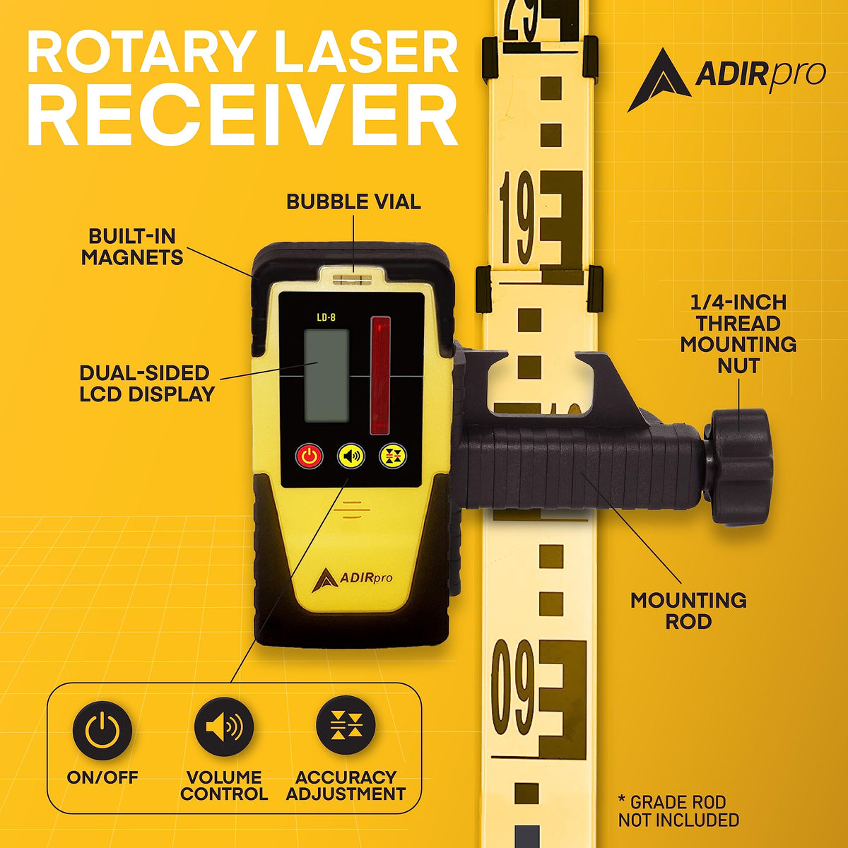AdirPro LD-8 dual display shows elevation and sensitivity for precise setup.