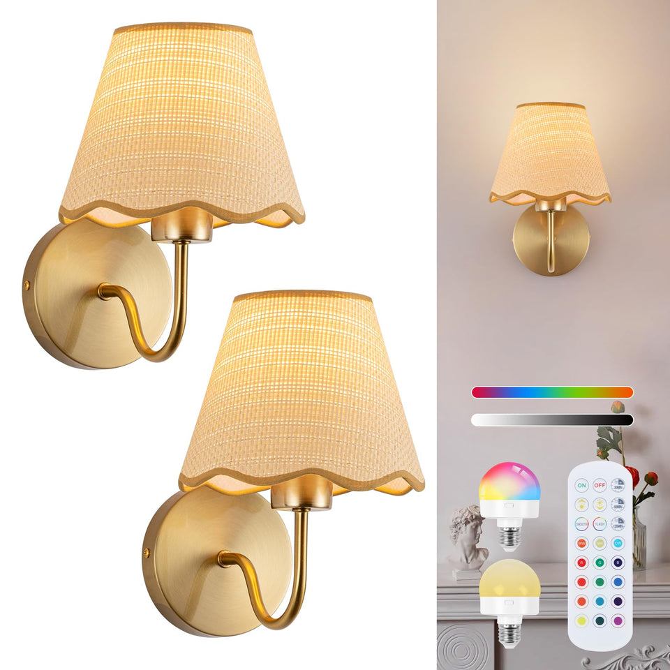 ADISUN battery wall sconce set 2 with gold rattan shade for cozy living spaces.