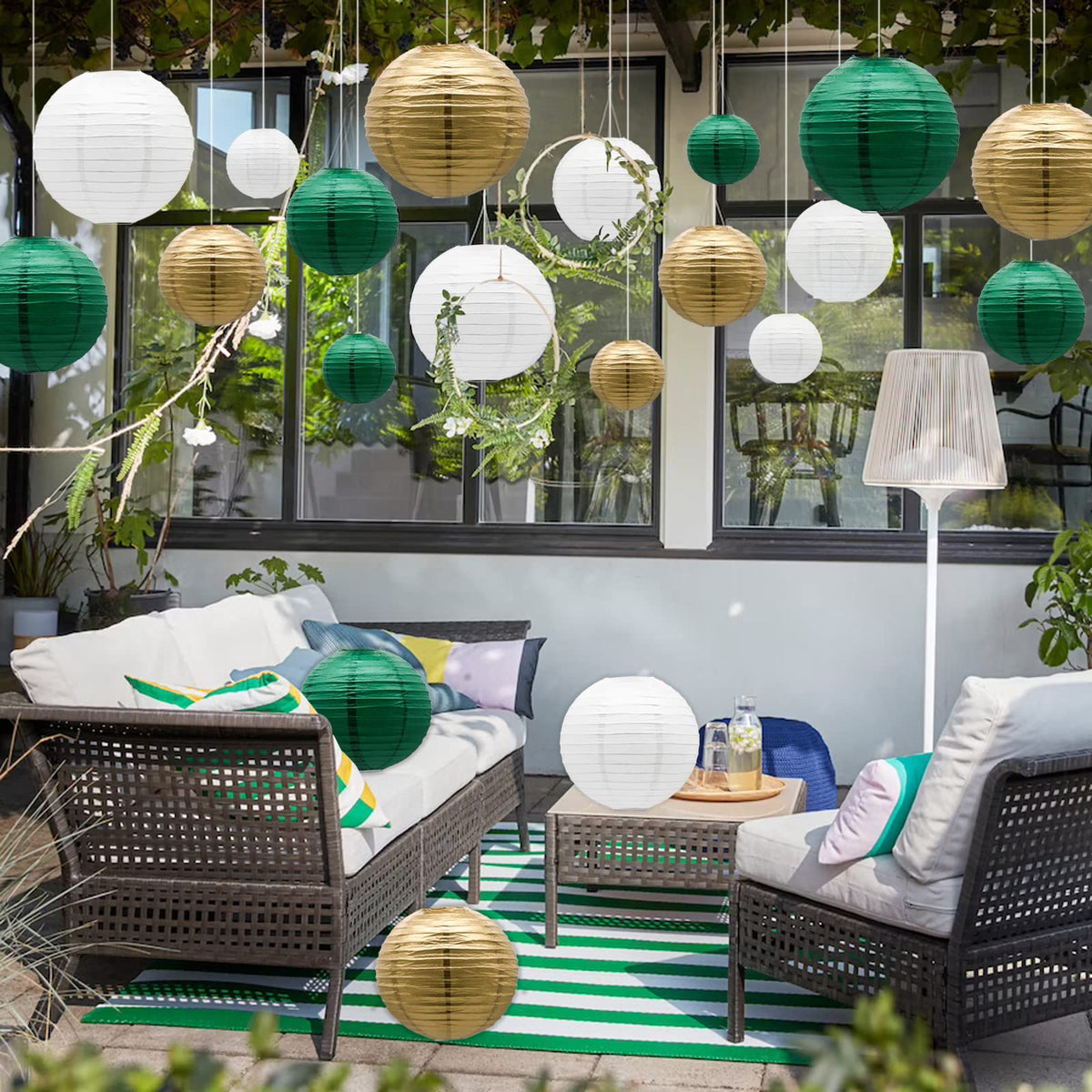 ADLKGG green gold lanterns brighten birthday party tables and spaces.
