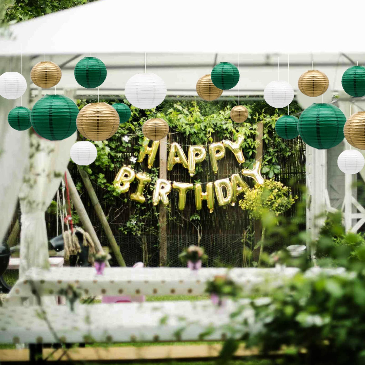 ADLKGG green gold lanterns elevate graduation party ambience with color.