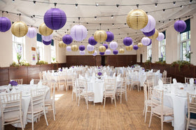 ADLKGG 8inch lanterns in purple and gold for ceiling garlands and backdrops.