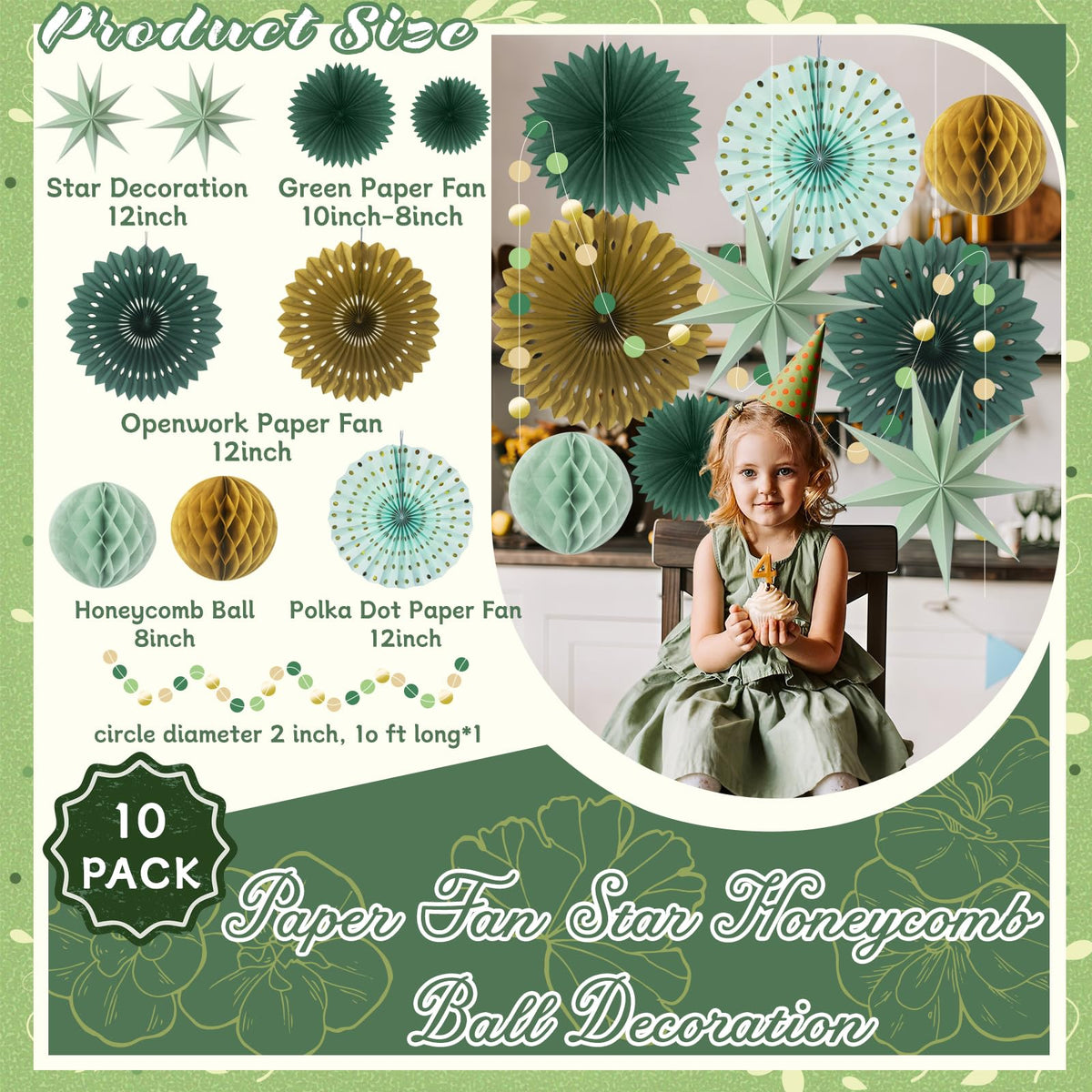 ADLKGG light green with gold dot 12-inch paper fan adds festive shimmer