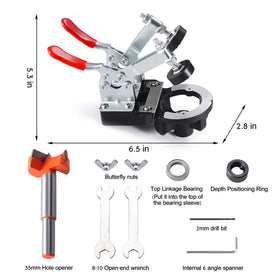 Adoles 35mm concealed hinge jig, adjustable clamping for varying panel thickness.