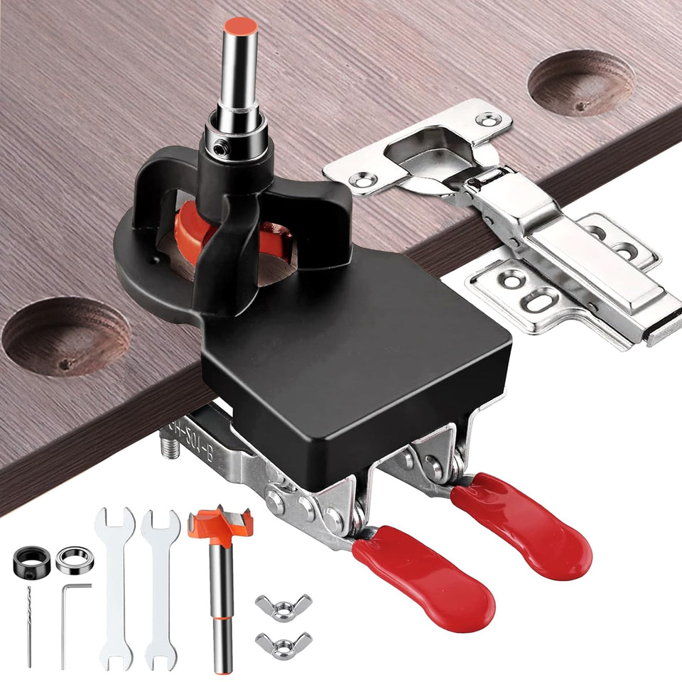 Adoles 35mm concealed hinge jig, front view, enabling precise cabinet alignment.