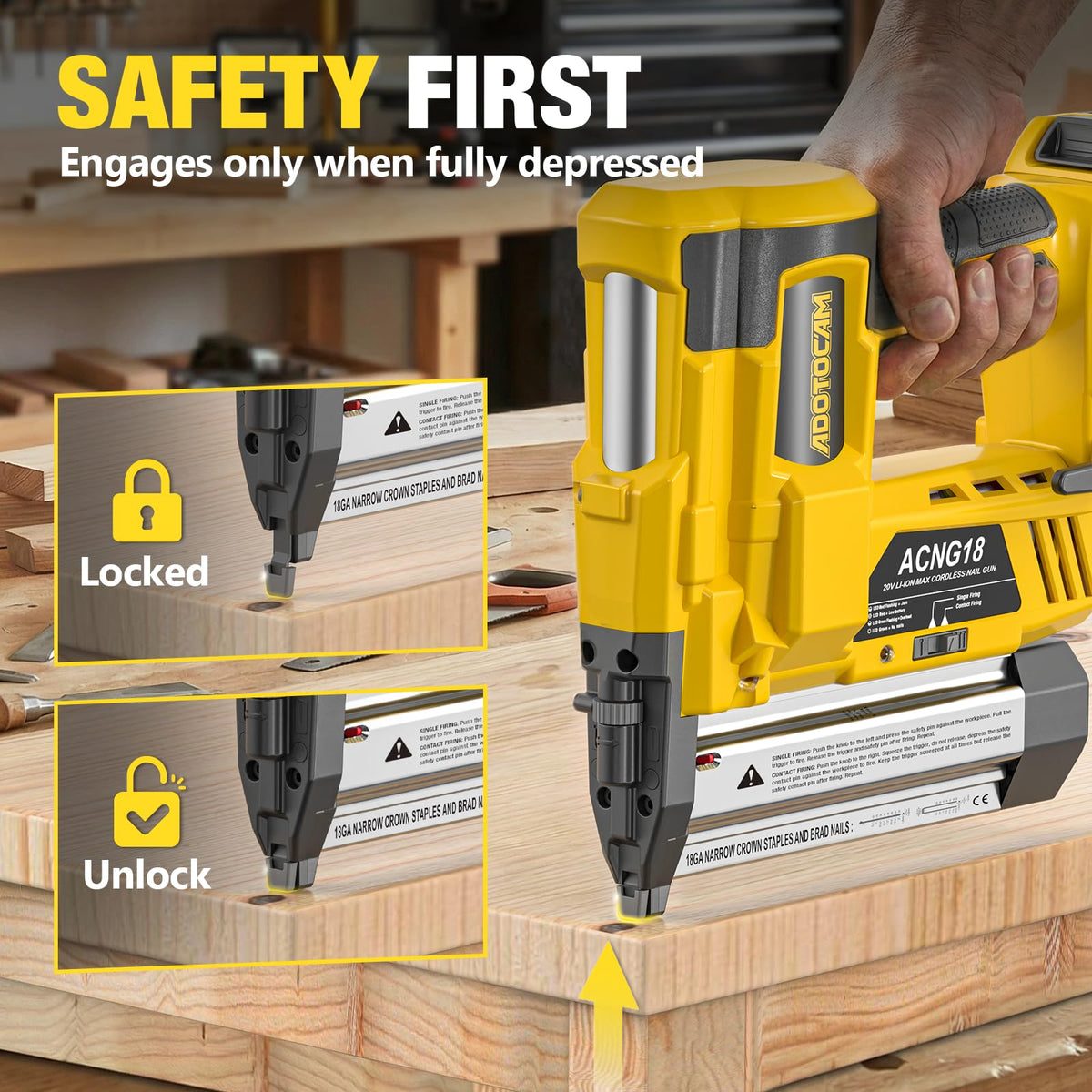 ADOTOCAM adjustable depth knob enables precise nail depth for delicate to dense wood.