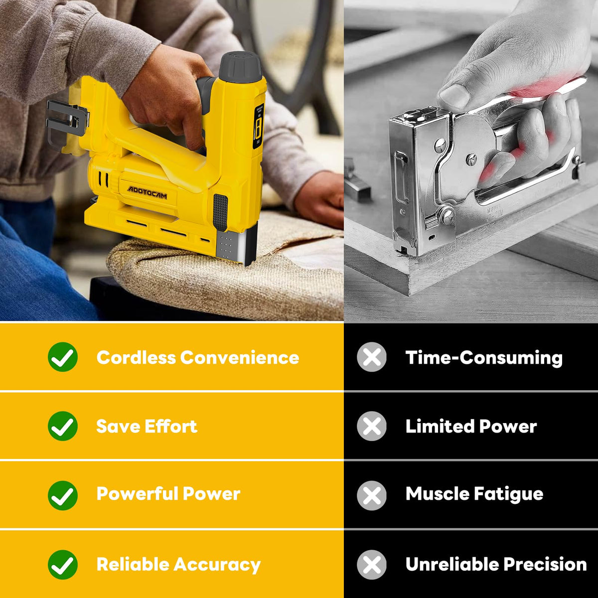 ADOTOCAM compact 3.8 lb nailer reaches tight spaces with ease