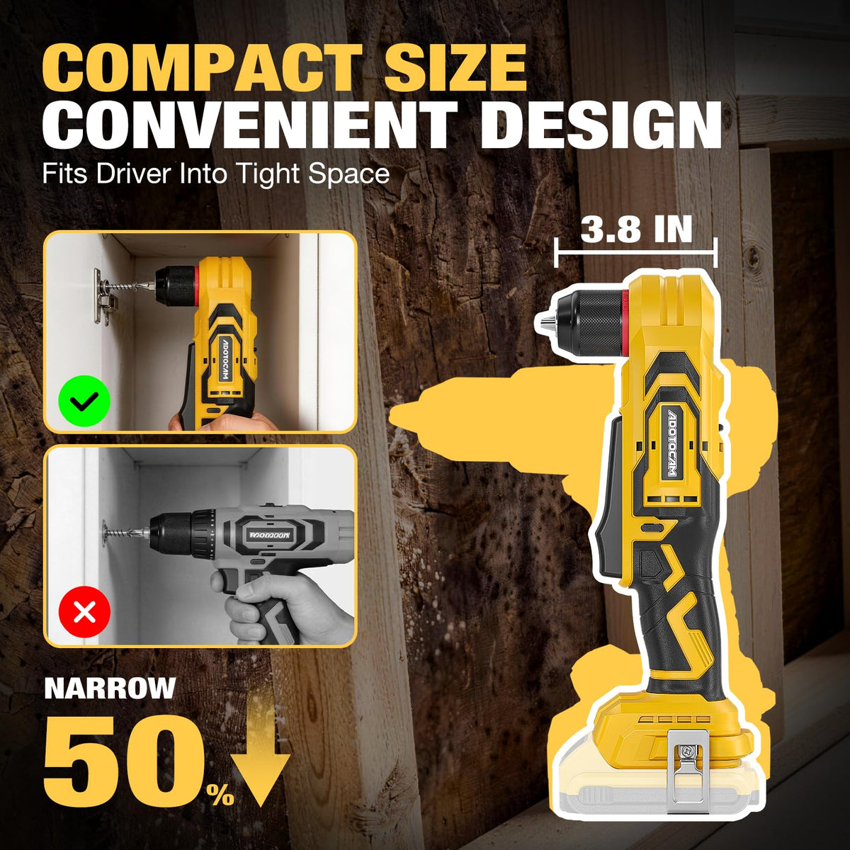 ADOTOCAM compact design with 3/8-inch chuck enables access in tight areas.