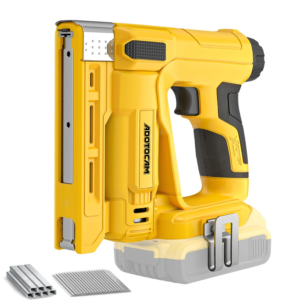 ADOTOCAM nail gun shows DeWalt 20V compatibility for cordless use