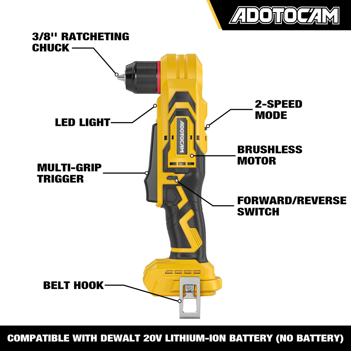 ADOTOCAM ideal for screws and drilling in tight corners and cabinets.