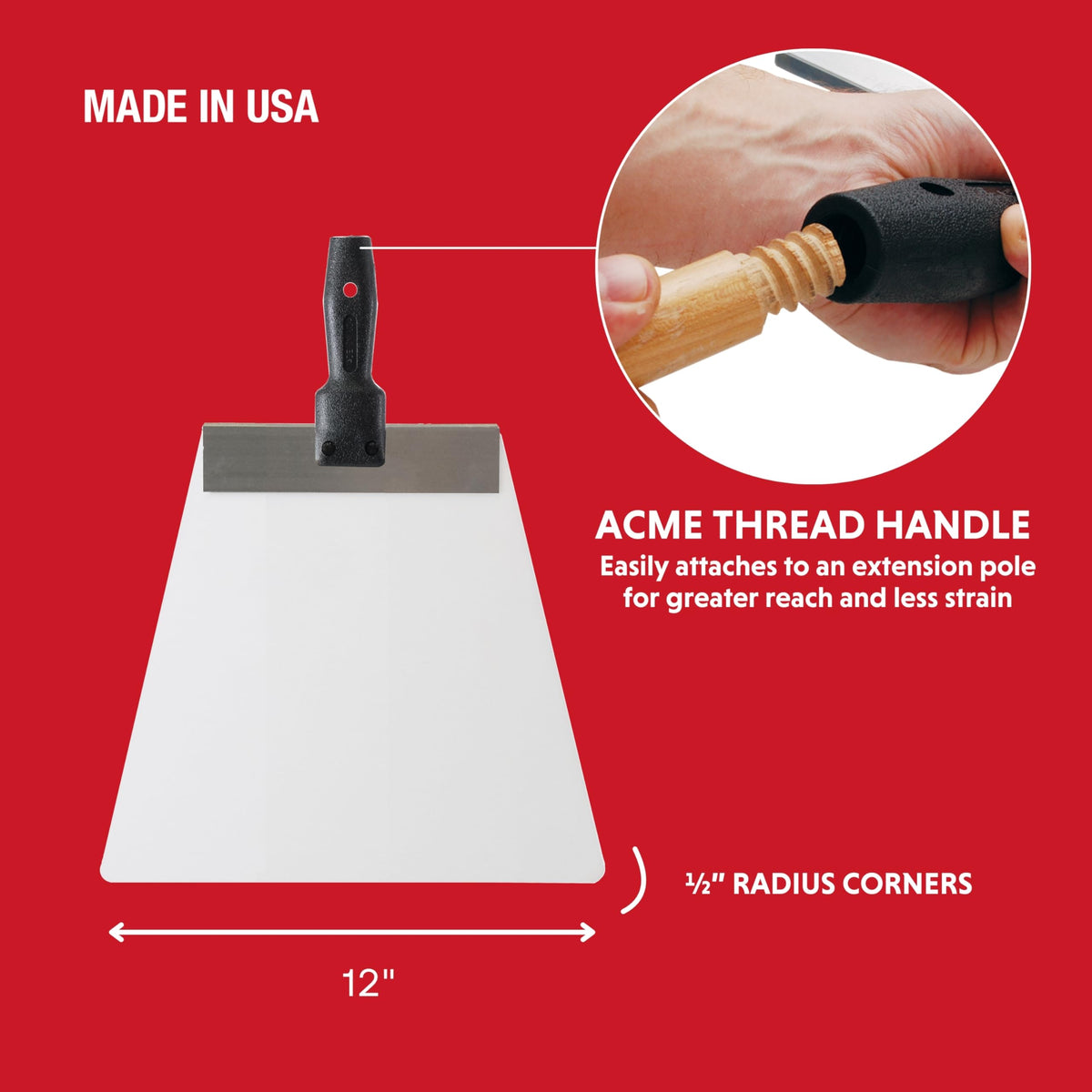 Advance Equipment K12 handle with broom-threaded end for easy pole attachment.