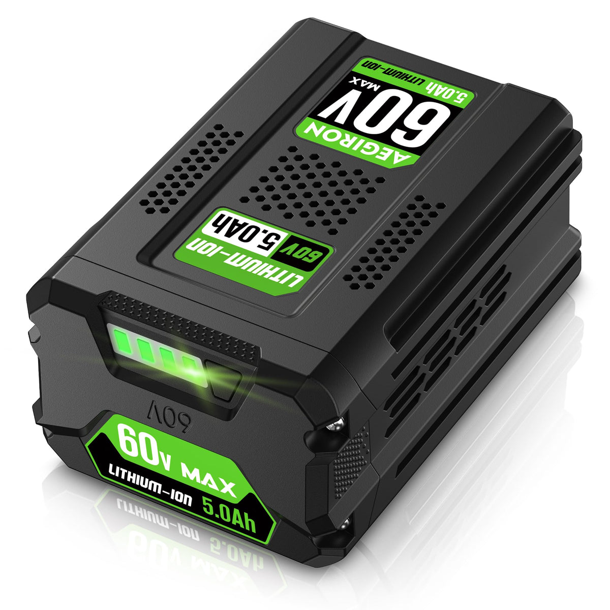 Aegiron 60V 5.0Ah battery front view powering lawn tools longer