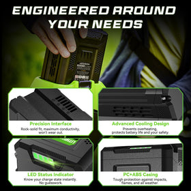 Aegiron 60V 5.0Ah battery label close-up showing Greenworks compatibility